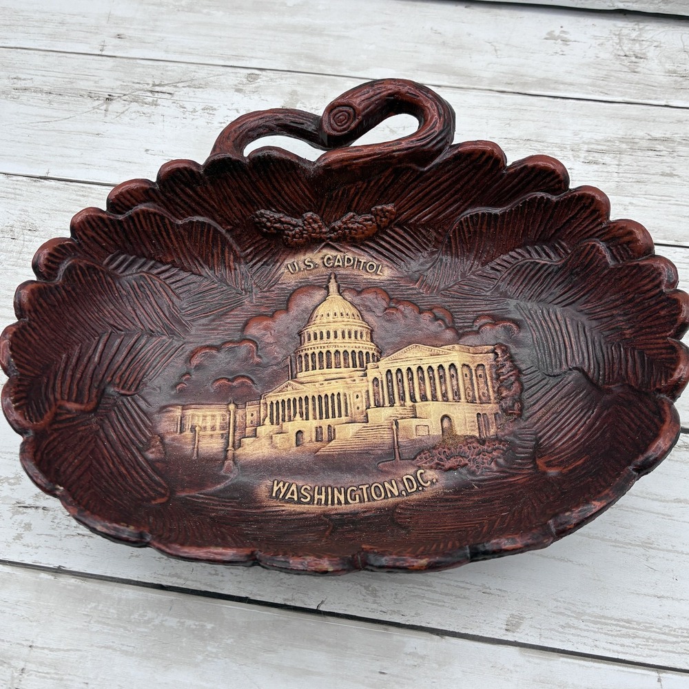 Vintage U.S. Capitol Washington D.C. Souvenir Dish Tray Wood Look Carved Style